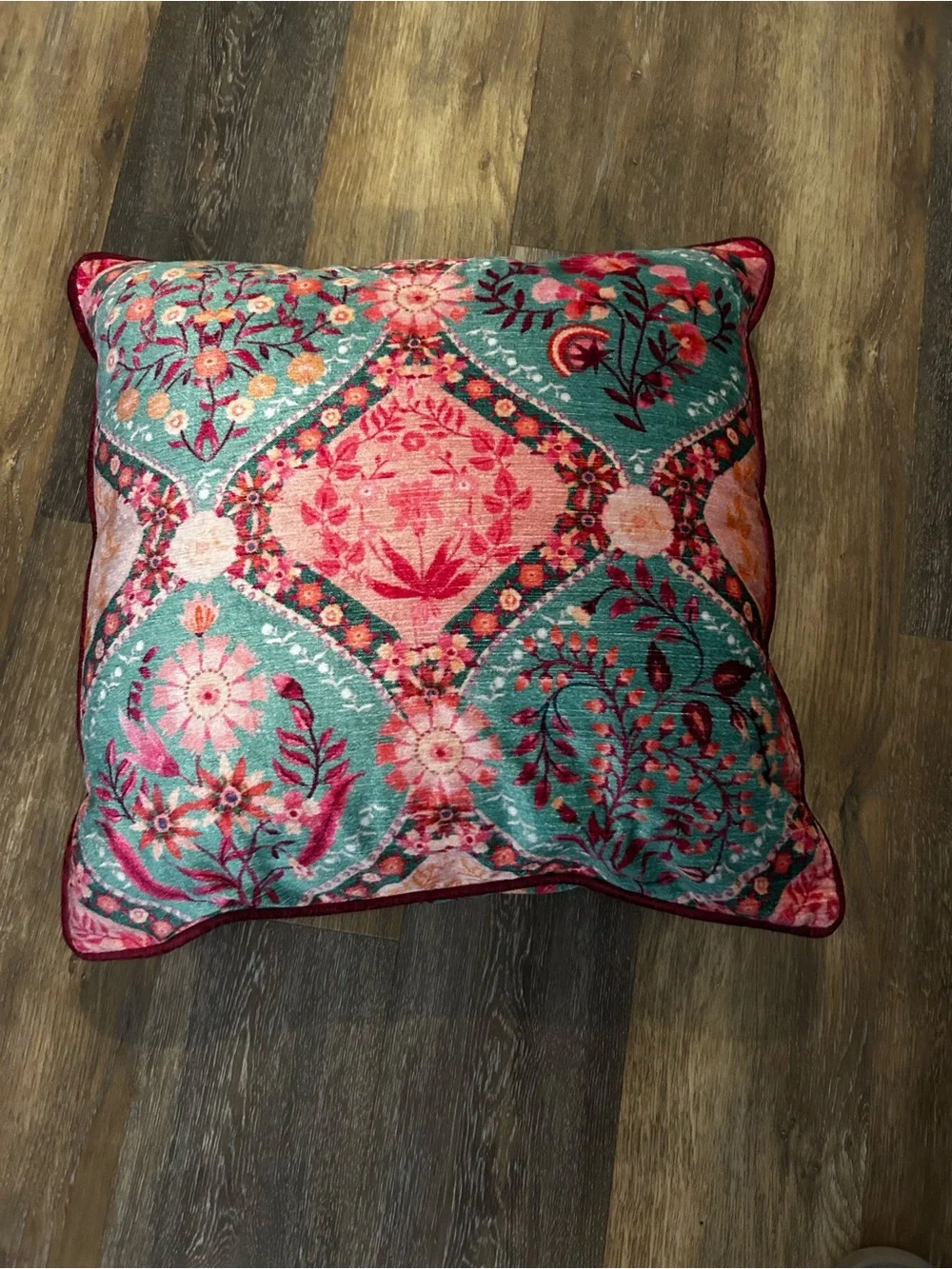 Anthropologie Decorative Teal and Pink Floral Throw Pillow - Brand